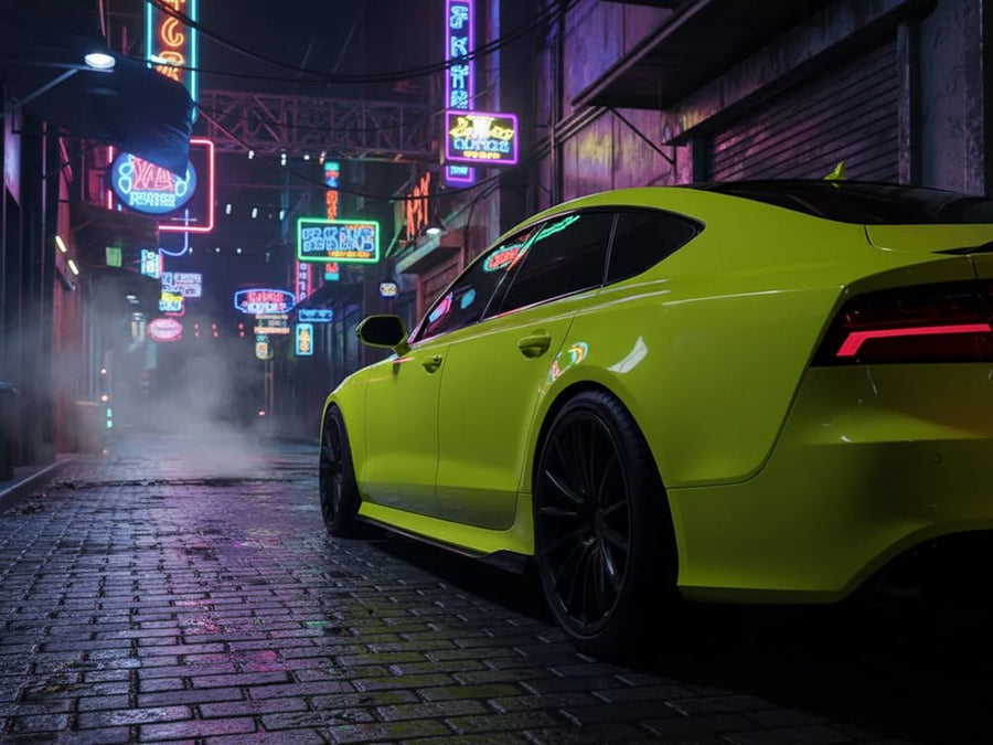 DIY Audi RS7 wrapped in Gloss HX20000 Fluorescent Yellow restyling film HX20613B