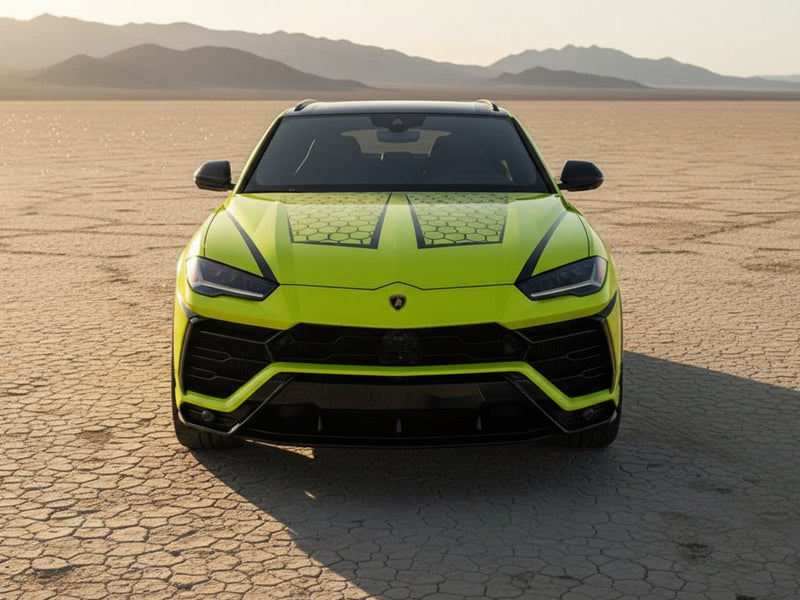 Lamborghini Urus wrapped in Hexis Gloss HX20000 Fluorescent Yellow wrap film HX20613B detail