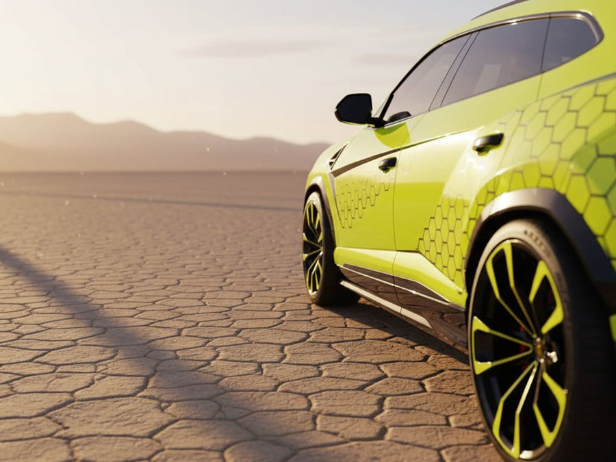 Lamborghini Urus wrapped in Hexis Gloss HX20000 Fluorescent Yellow car wrap film HX20613B detail
