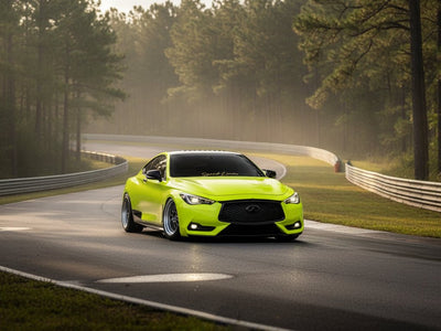 Infiniti Q60 wrapped in Hexis Gloss HX20000 Fluorescent Yellow wrap film HX20613B