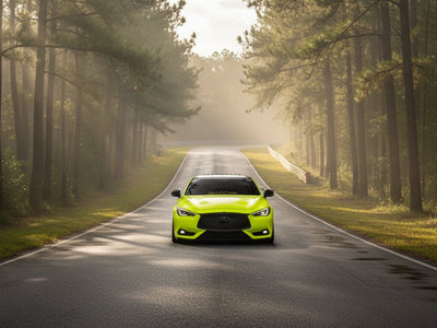 DIY Infiniti Q60 wrapped in Gloss HX20000 Fluorescent Yellow restyling film HX20613B
