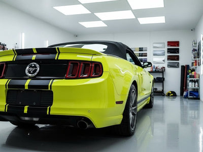 Ford Mustang wrapped in Hexis Gloss HX20000 Fluorescent Yellow wrap film