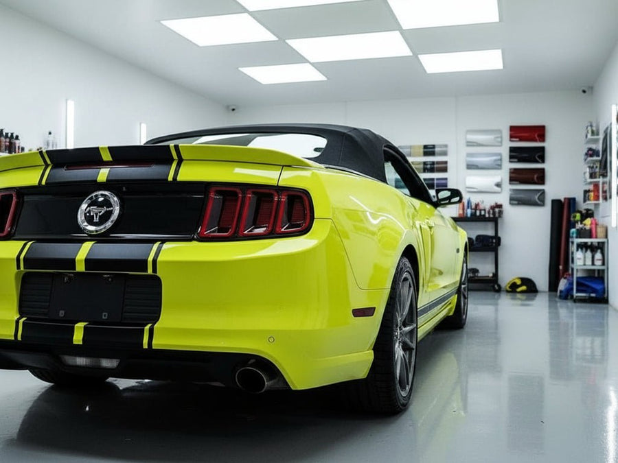 Ford Mustang wrapped in Hexis Gloss HX20000 Fluorescent Yellow wrap film