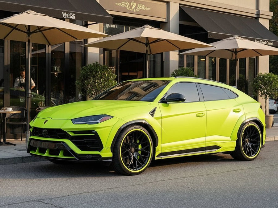 DIY Lamborghini Urus wrapped in Gloss HX20000 Fluorescent Yellow car wrap film HX20613B