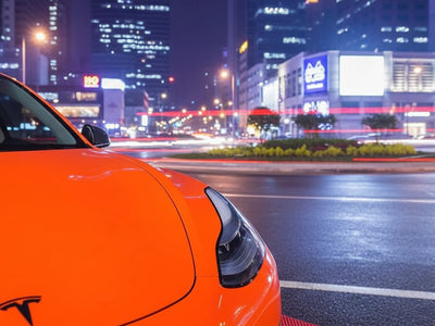 DIY Tesla 3 wrapped in Gloss HX20000 Fluorescent Orange automotive vinyl film HX20614B