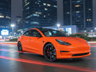 DIY Tesla 3 wrapped in Gloss HX20000 Fluorescent Orange car wrap film HX20614B
