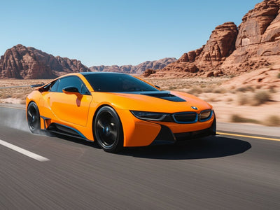 BMW i8 wrapped in Hexis Gloss HX20000 Fluorescent Orange wrap film HX20614B detail