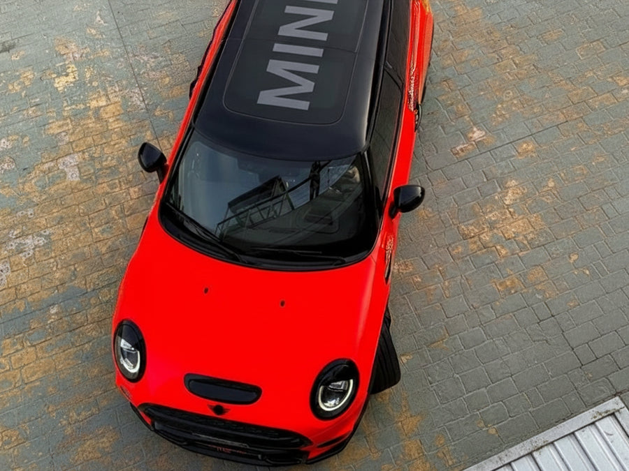DIY MINI Cooper wrapped in Gloss HX20000 Fluorescent Red wrap film HX20615B