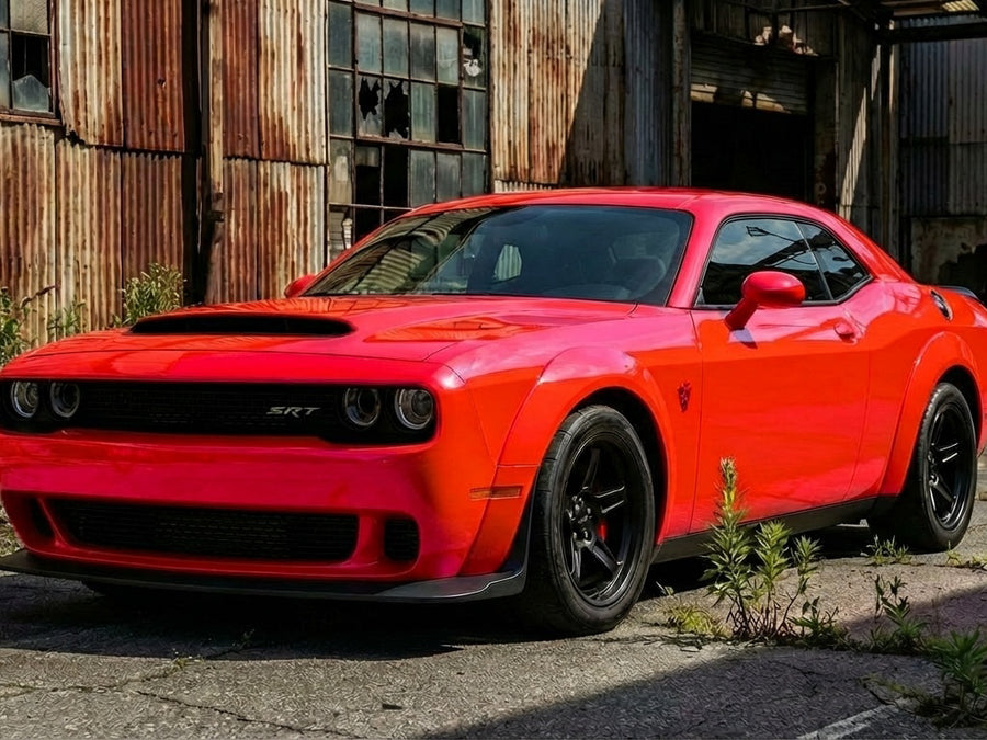 Dodge Challenger SRT Hellcat wrapped in Hexis Gloss HX20000 Fluorescent Red car wrap film HX20615B