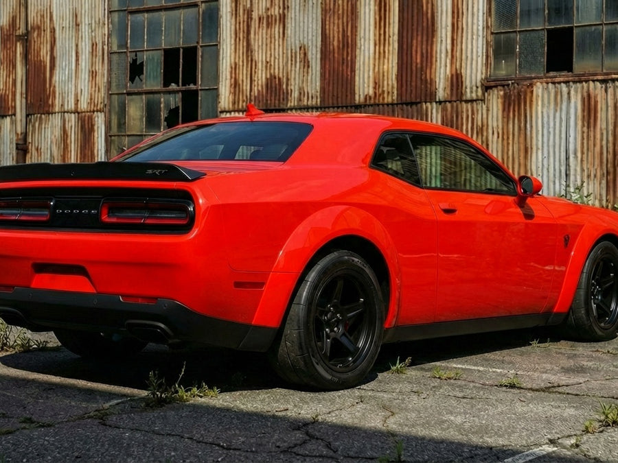 DIY Dodge Challenger SRT Hellcat wrapped in Gloss HX20000 Fluorescent Red vinyl wrap HX20615B