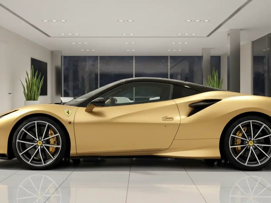 Ferrari 488 wrapped in Gloss HX20000 Gold automotive vinyl film HX20871B