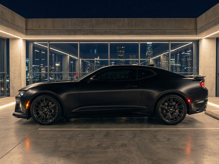 DIY Chevrolet Camaro wrapped in Satin HX20000 Deep Black Wet automotive vinyl film HX20890W
