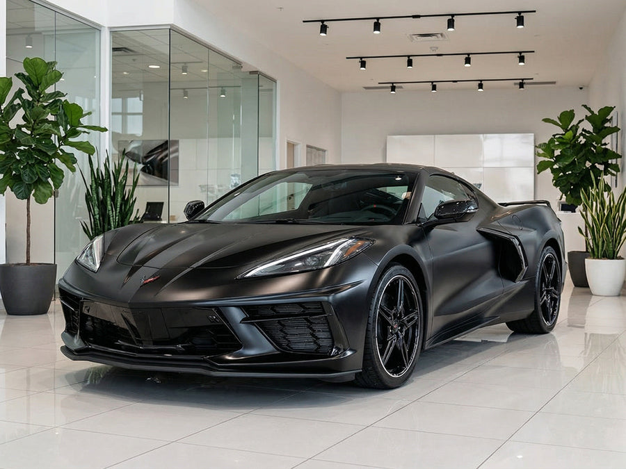 DIY Chevrolet Corvette C8 wrapped in Satin HX20000 Deep Black Wet automotive vinyl film HX20890W