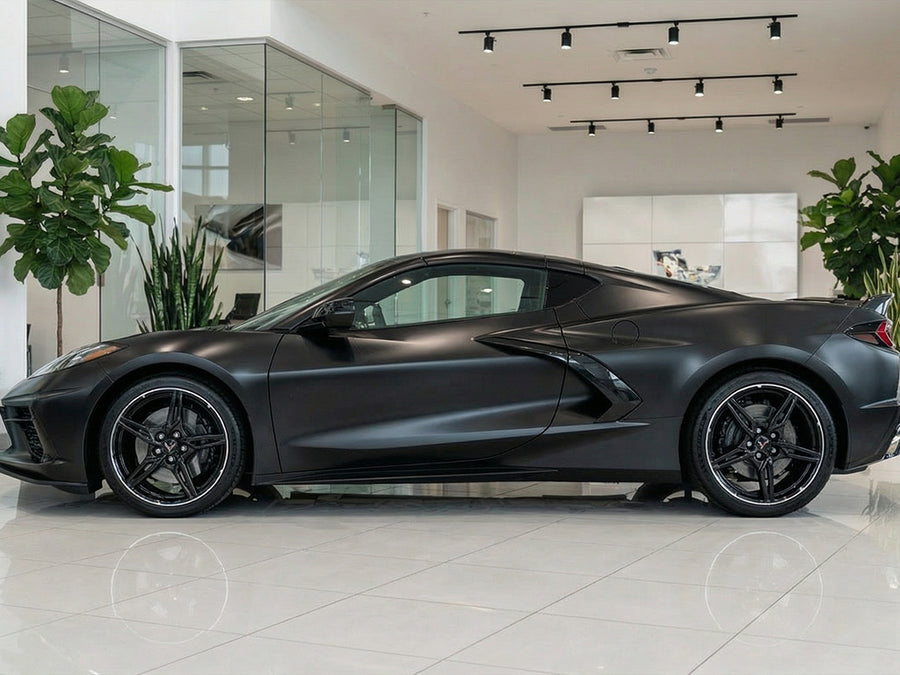 Chevrolet Corvette C8 wrapped in Hexis Satin HX20000 Deep Black Wet wrap film HX20890W