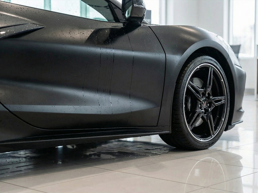 DIY Chevrolet Corvette wrapped in Satin HX20000 Deep Black Wet car wrap film HX20890W