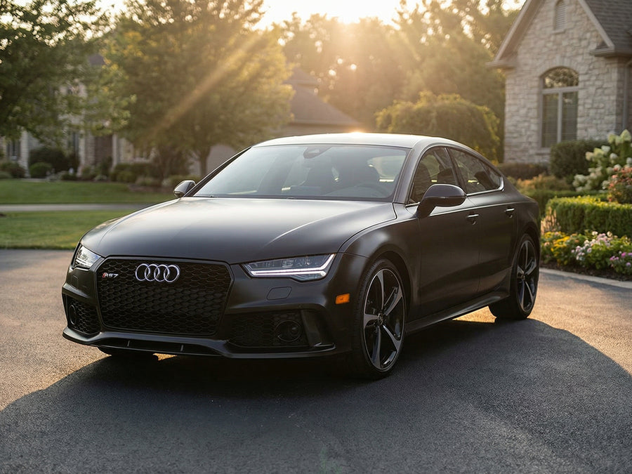 Audi RS7 wrapped in Hexis Satin HX20000 Deep Black Wet vinyl wrap HX20890W