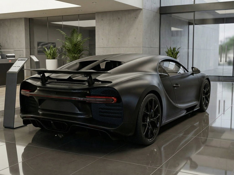 Bugatti Chiron wrapped in Hexis Satin HX20000 Deep Black Wet vinyl wrap HX20890W detail
