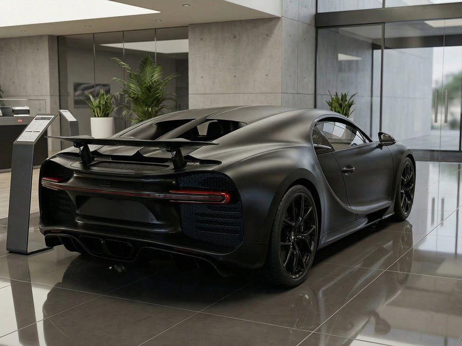 Bugatti Chiron wrapped in Hexis Satin HX20000 Deep Black Wet vinyl wrap HX20890W detail