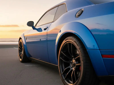 Dodge Challenger wrapped in Hexis Gloss HX20000 Metallic Night Blue wrap film HX20905B detail
