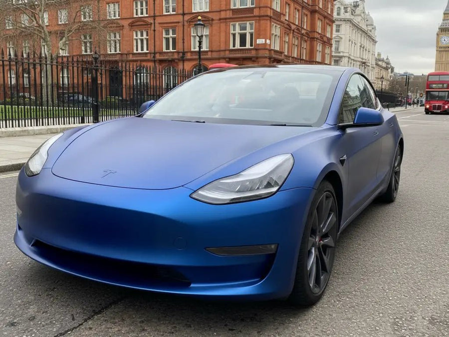 Tesla 3 wrapped in Hexis Matte HX20000 Metallic Night Blue automotive vinyl film HX20905M
