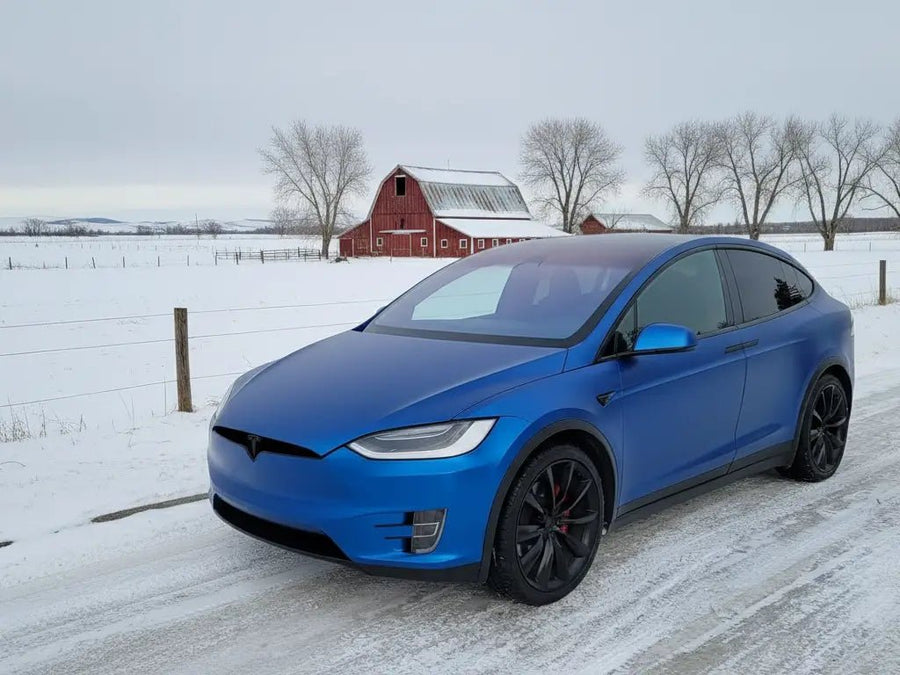Tesla X wrapped in Hexis Matte HX20000 Metallic Night Blue automotive vinyl film HX20905M