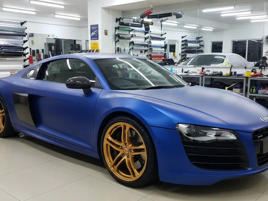 Audi R8 wrapped in Matte HX20000 Metallic Night Blue vinyl wrap HX20905M detail