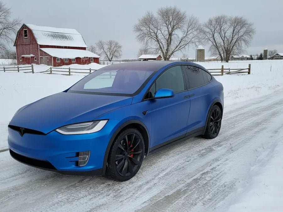 Tesla X wrapped in Hexis Matte HX20000 Metallic Night Blue wrap film HX20905M