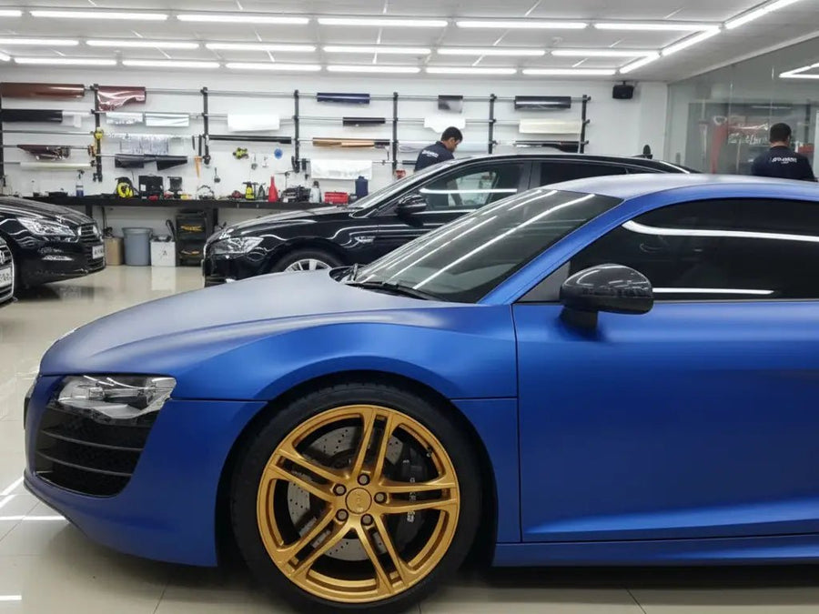 DIY Audi R8 wrapped in Matte HX20000 Metallic Night Blue automotive vinyl film HX20905M