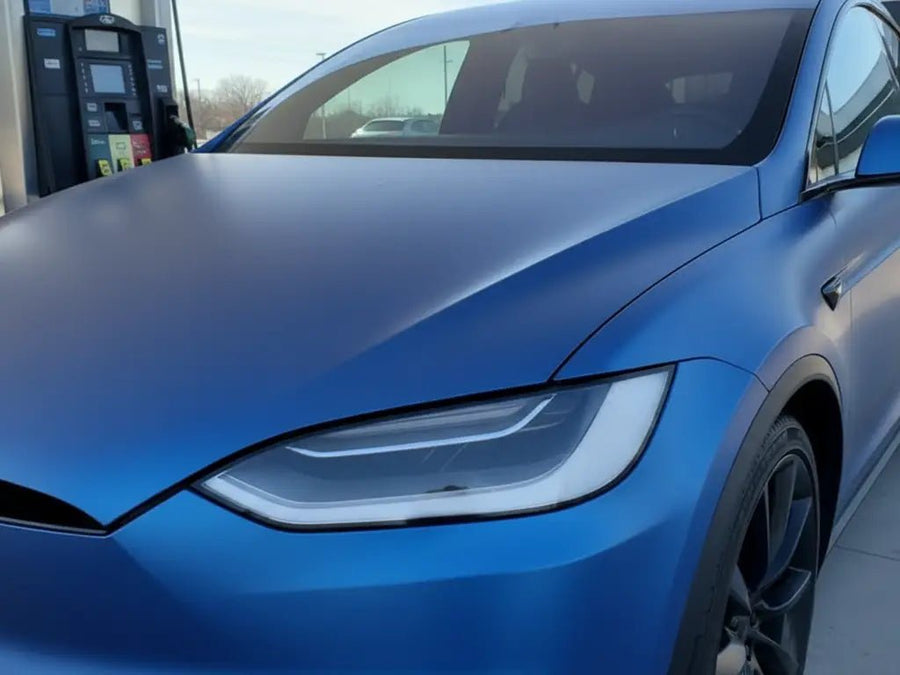 DIY Tesla X wrapped in Matte HX20000 Metallic Night Blue automotive vinyl film HX20905M detail