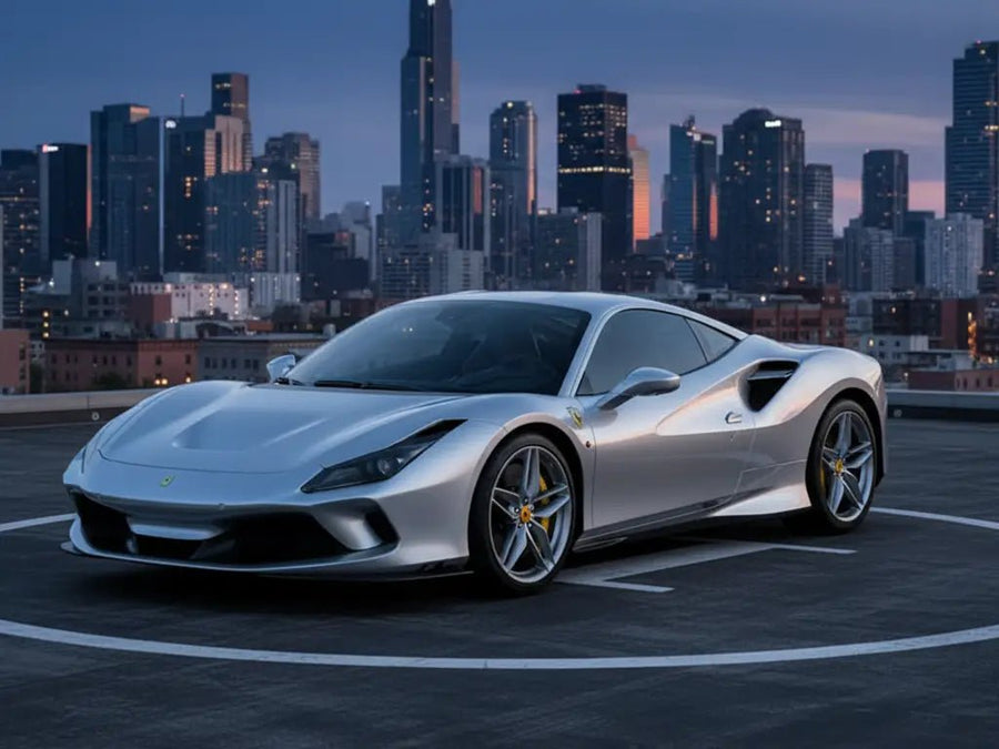 Ferrari F8 Tributo wrapped in Hexis Gloss HX20000 Metallic Meteorite Grey wrap film HX20990B