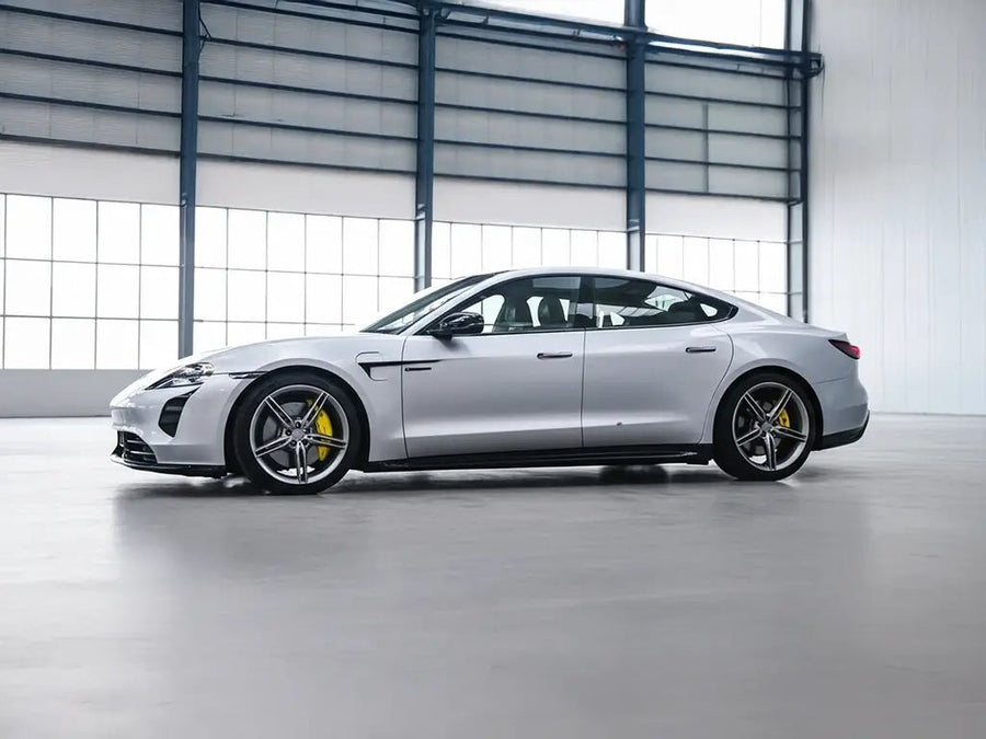 Porsche Taycan wrapped in Hexis Matte HX20000 Metallic Meteorite Grey car wrap film HX20990M