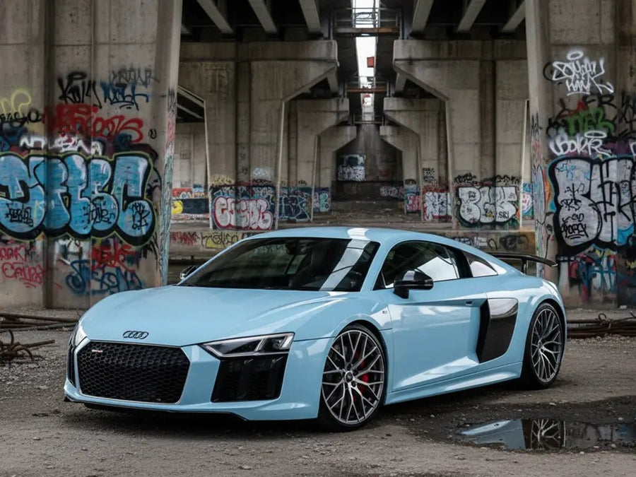 Audi R8 wrapped in Hexis Gloss HX20000 Jazz Blue wrap film HX20B32B