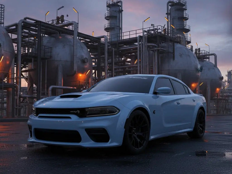 Dodge Charger wrapped in Gloss HX20000 Jazz Blue automotive vinyl film HX20B32B