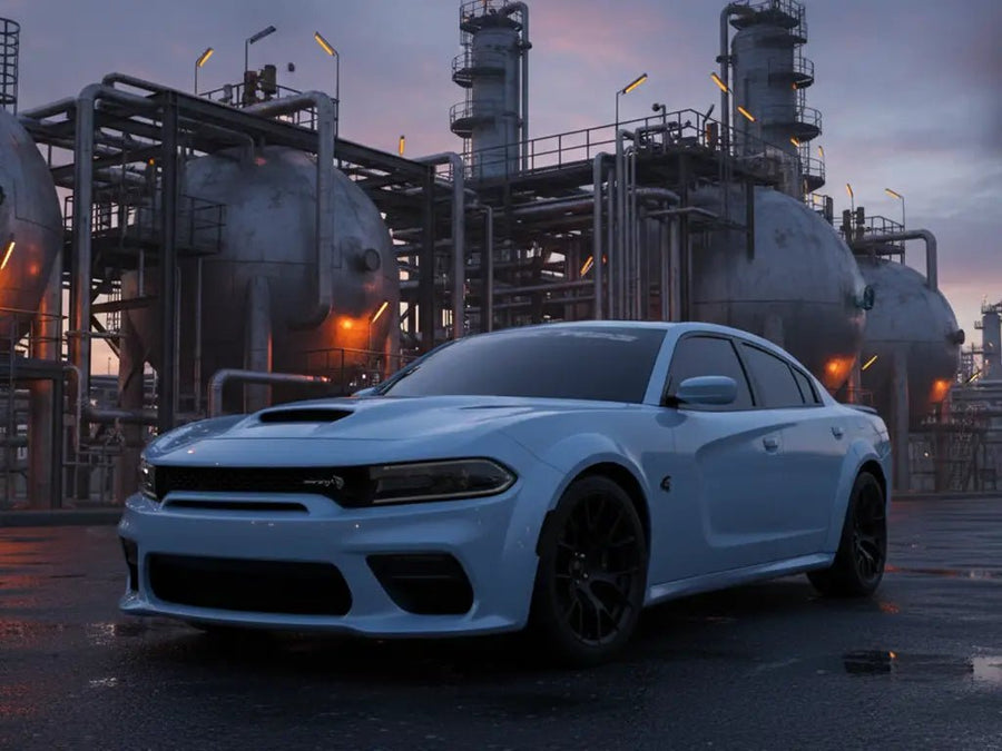 Dodge Charger wrapped in Gloss HX20000 Jazz Blue automotive vinyl film HX20B32B