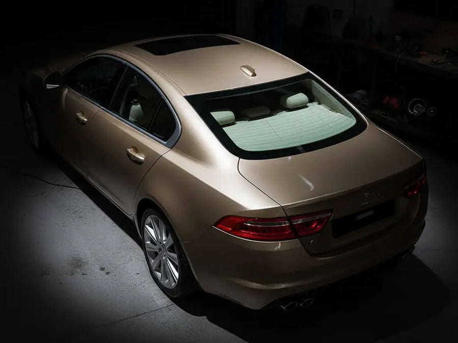 Jaguar XF wrapped in Hexis Gloss HX20000 Metallic Ashen Beige wrap film HX20BCMB