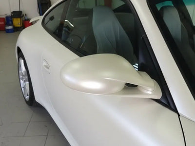 Porsche 911 wrapped in Hexis Satin HX20000 Nacre White automotive vinyl film HX20BNCS