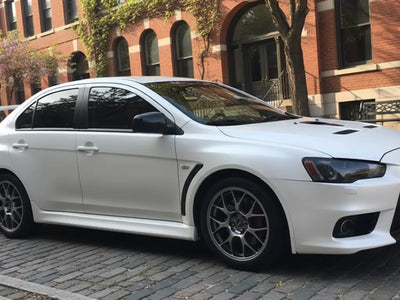 DIY Mitsubishi Lancer Evolution wrapped in Satin HX20000 Nacre White vinyl wrap HX20BNCS detail