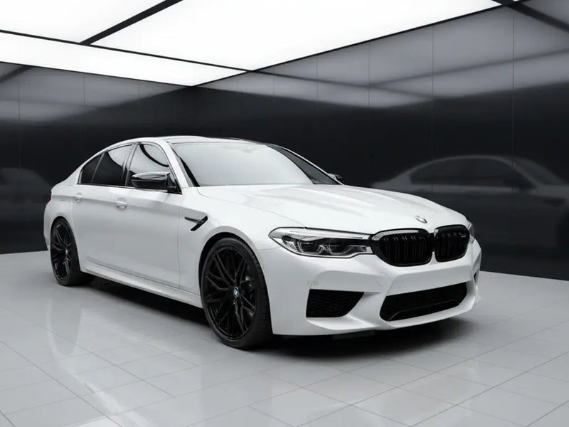 BMW M5 wrapped in Hexis Satin HX20000 Nacre White automotive vinyl film HX20BNCS