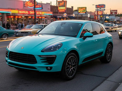 Porsche Macan wrapped in Hexis Gloss HX20000 Ti Blue automotive vinyl film HX20BTIB