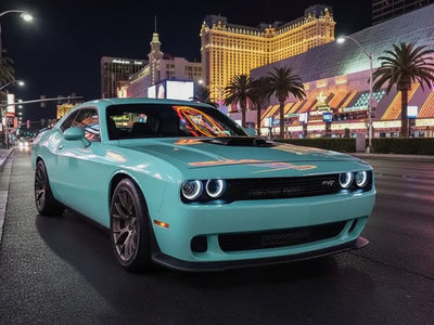 Dodge Challenger wrapped in Gloss HX20000 Ti Blue automotive vinyl film HX20BTIB