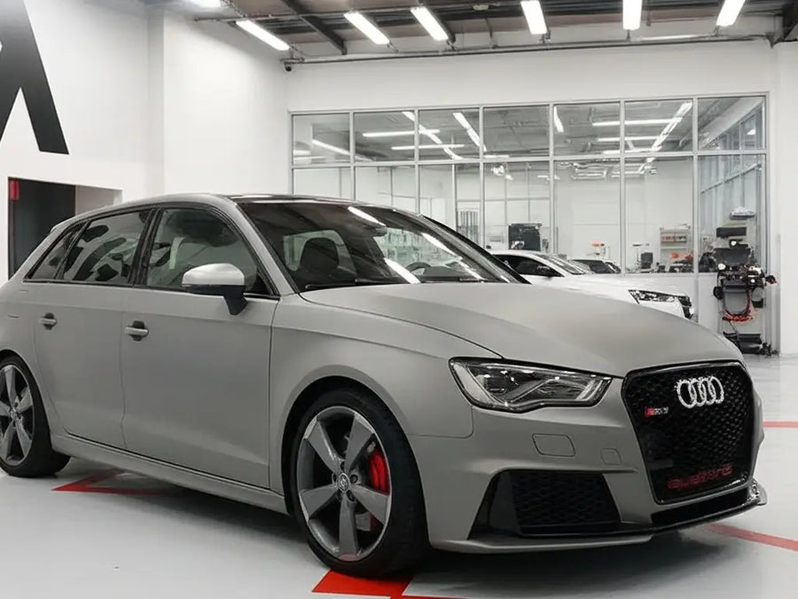Audi RS3 wrapped in Hexis Satin HX20000 Metallic Grey restyling film HX20G03S