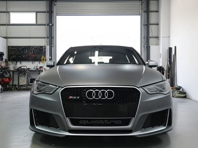 Audi RS3 wrapped in Hexis Satin HX20000 Metallic Grey vinyl wrap HX20G03S