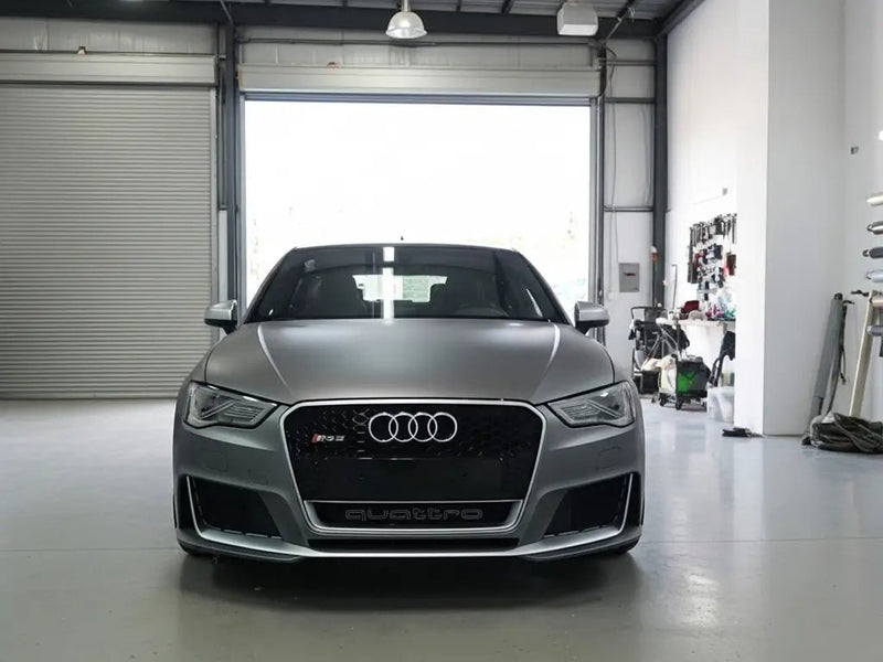 Audi RS3 wrapped in Hexis Satin HX20000 Metallic Grey wrap film HX20G03S
