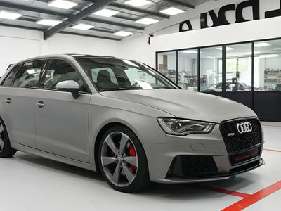 Audi RS3 wrapped in Hexis Satin HX20000 Metallic Grey car wrap film HX20G03S