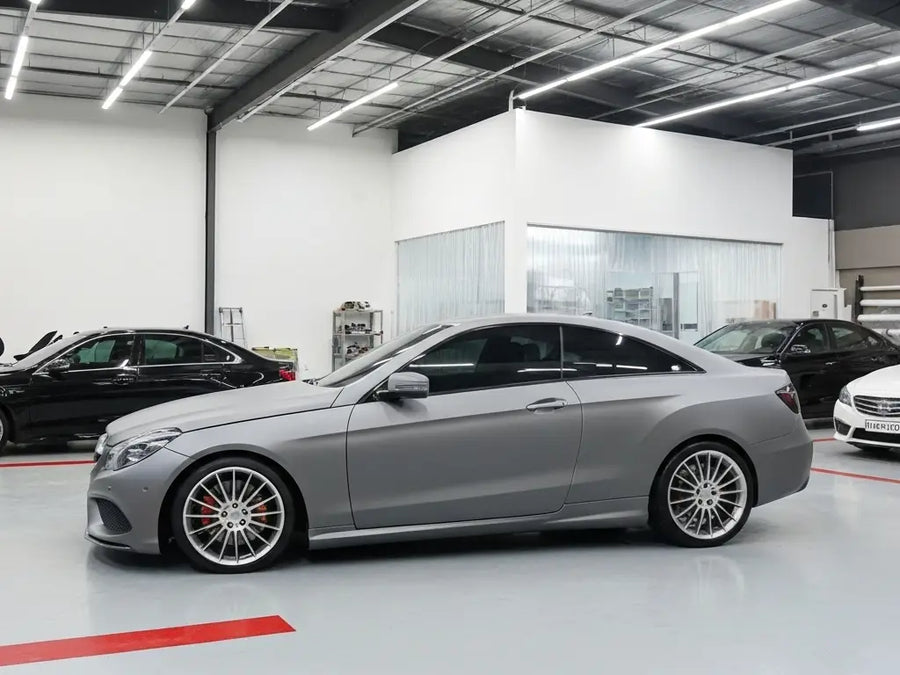 DIY Mercedes-Benz E-Class Coupe wrapped in Satin HX20000 Metallic Grey restyling film HX20G03S