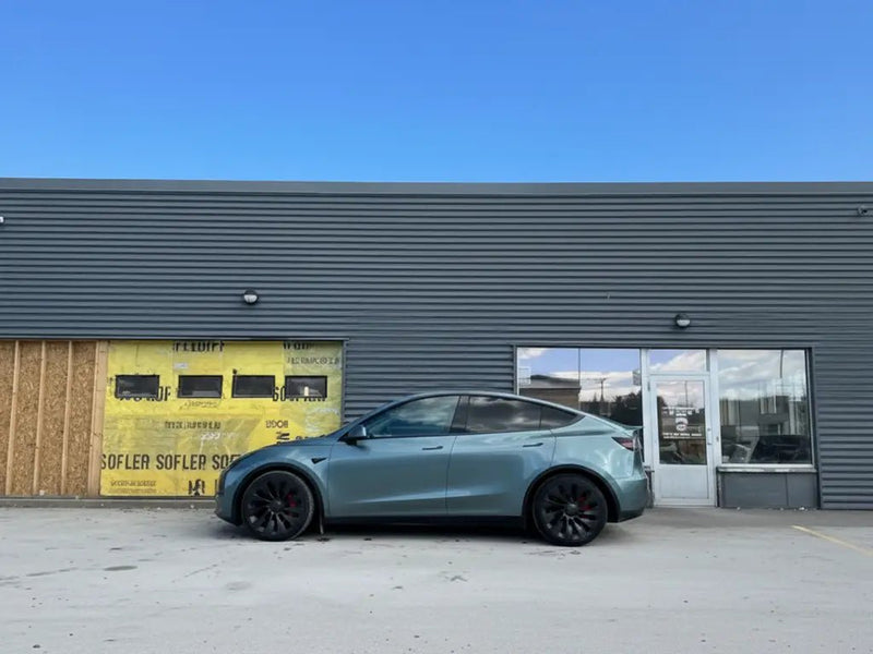 Tesla Y wrapped in Hexis Gloss HX20000 Aston Grey wrap film HX20G07B