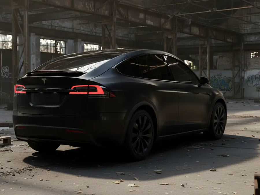 Tesla X wrapped in Satin HX20000 Alloy Grey Wet restyling film HX20G15W