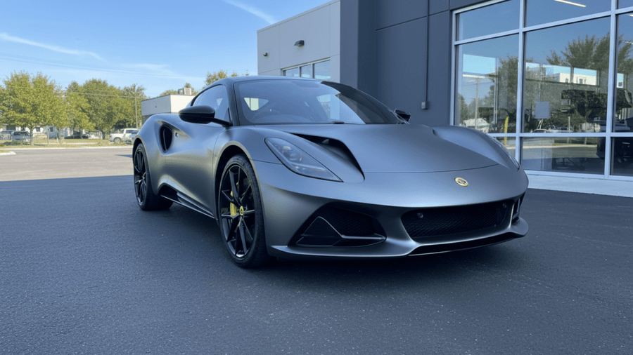 Lotus Emira wrapped in Hexis Matte HX20000 Metallic Anthracite Gray automotive vinyl film HX20GANM