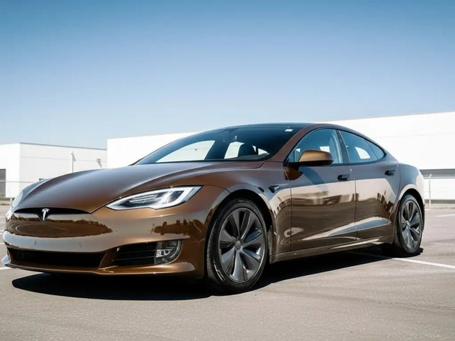Tesla S wrapped in Gloss HX20000 Coffee Brown restyling film HX20MCAB