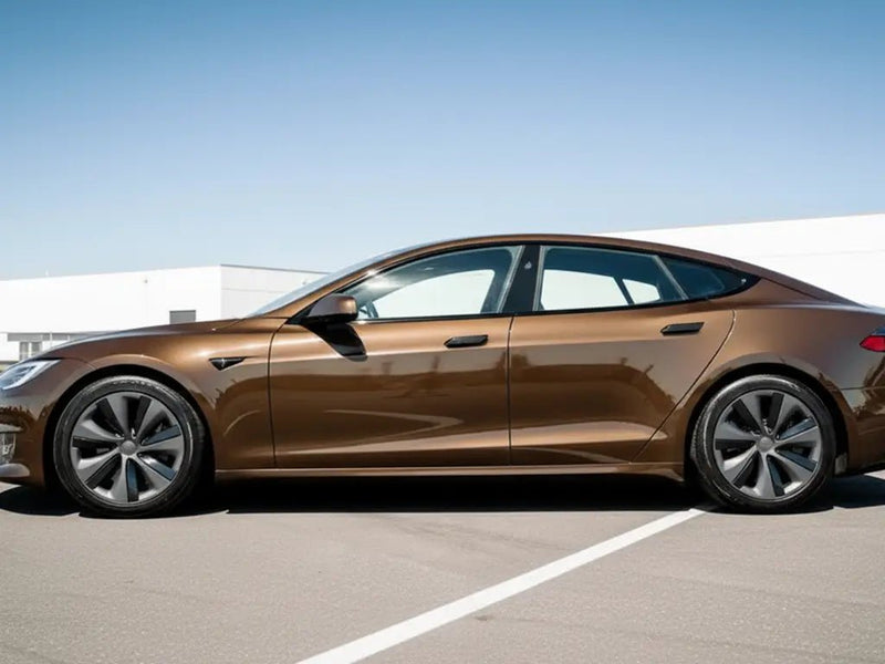 DIY Tesla S wrapped in Gloss HX20000 Coffee Brown automotive vinyl film HX20MCAB detail